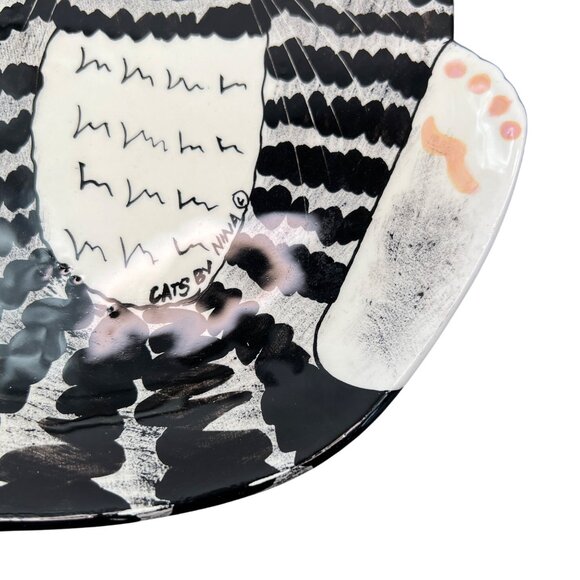 Cats By Nina Lyman Ceramic Cat-Shaped Plate Platter Black White Tabby Green Eyes - Picture 3 of 10